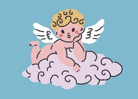 Cute cherub resting on cloud vector