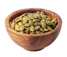 Wood bowl with pumpkin seeds isolated on transparent background png