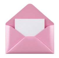 Illustration of an open pink envelope with blank white paper isolated on transparent background png