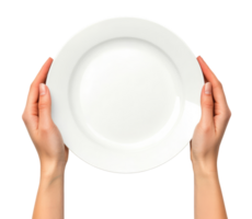 Hands with empty white plate isolated on transparent background, top view png