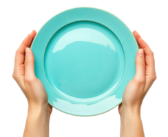 Hands with empty plate isolated on transparent background, top view png