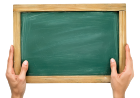 Hands with blank green chalkboard isolated on transparent background png