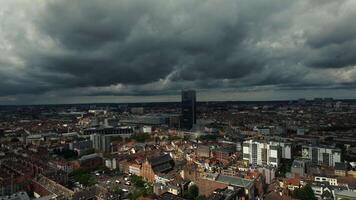 Aerial drone view of cityscape of Brussels, capital city of Belgium in cloudy day, mixture of modern and historic architecture, Europe video