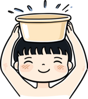 Cartoon Child Holding a Bowl on Head, Smiling with Blushing Cheeks, and Splashing Water png