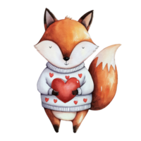 fox stands holding a large red heart, dressed in a cozy sweater adorned with smaller heart patterns. cutouts png