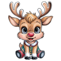 A reindeer character is sitting with large, expressive eyes and a bright red nose cutouts png