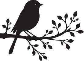 Single Bird Silhouette Perched on a Branch with Leaves vector