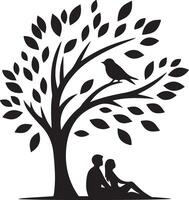 Romantic Couple Under Tree Silhouette with Bird Illustration vector