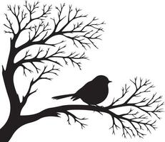 Solitary Bird Silhouette on a Barren Winter Branch vector