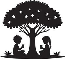 Children Enjoying Drinks Under a Tree Silhouette Illustration vector