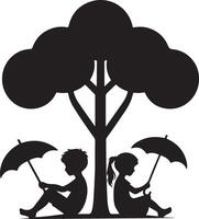 Two Kids Silhouette with Umbrellas Under a Tree Art vector