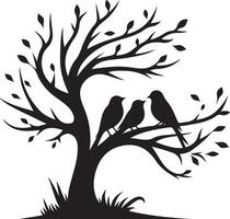 Charming Family of Birds Resting on a Tree Silhouette Art vector