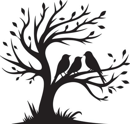 Charming Family of Birds Resting on a Tree Silhouette Art