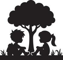 Two Children Silhouette Sharing a Moment Under a Tree vector
