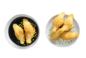 Vegetable Tempura A mix of golden, crispy tempura vegetables with their delicate batter shimmering under bright lighting. A small dipping png