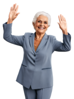A Latino elderly woman with blond short hair, green eyes, wearing modern, showing joy with a wide grin, arms raised png