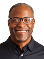 Close-up of middle-aged Black man with glasses, friendly smile, soft shadows, transparent background. png