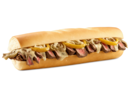 Philly Cheesesteak Sandwich A soft hoagie roll overflowing with thinly sliced, juicy steak that's lightly browned and seasoned. Melted provolone png