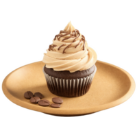 Mocha mousse cupcake featuring a moist chocolate base topped with a generously piped swirl of mocha mousse frosting. The frosting png