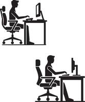 A minimalistic black silhouette person sitting on an office chair at a desk vector
