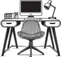 A black and white line drawing of a modern workspace vector