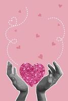 Trendy halftone collage. Postcard in collage style for valentine's day, march 8. Image of hands with a heart made of sequins. Trendy retro collage from the 90's vector