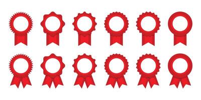 Red ribbon and banner. Achievement label. Winner Prize. Set of premium quality and guarantee labels vector