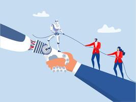 people business with the robot is competing,business people and robot fighting with artificial intelligence in suit pull the rope, on Giant Hand illustrator. vector