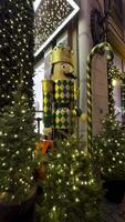 A charming Christmas display in Saint Petersburg, featuring a giant nutcracker surrounded by glowing fairy lights and festive trees. Captured at night, creating a cozy holiday atmosphere video