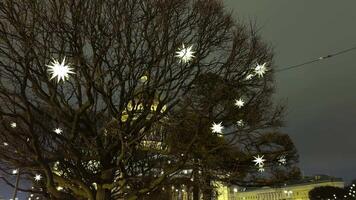 Sparkling star-shaped lights adorn the trees near St. Isaac's Cathedral, creating a magical festive ambiance on a winter evening in Saint Petersburg. The golden dome contrasts beautifully with the video