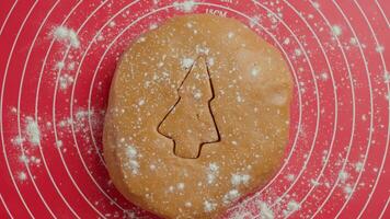 Christmas tree shape cut out in gingerbread dough. Ball of dough dusted with flour on red baking mat, top view video