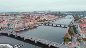 Aerial view of Prague cityscape with bridges over river video
