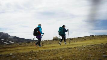 Two Backpackers Climbing To Mountain, Slow Motion, Female Travelers Walking And Using Sticks video