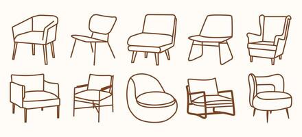 Set of chairs in line art style for use in illustrations, backgrounds, interior design. Hand drawn armchair and sofa icons isolated on beige background. vector