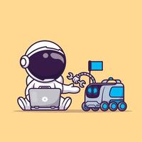 Cute Astronaut Operating Laptop With Robot Cartoon vector