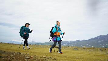Backpacking In Mountains, Group Of Tourists Walking In Highlands, Two Women With Walking Sticks video