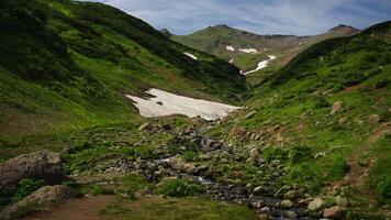 Beautiful Valley With Lush Greenery And Small River Flowing From Mountains Top, Snow Melting video