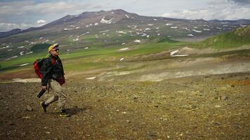 Mountaineering In Mountain Range, Young Man Hiking On Trail, Trekking And Backpacking video