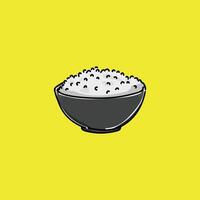 Illustration of a black bowl filled with white rice on a vibrant yellow background, visually emphasizing simplicity and nourishment. vector