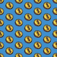 A vibrant seamless pattern featuring golden coins with dollar symbols, set on a bright blue background. Perfect for financial, commerce, or playful design themes. vector