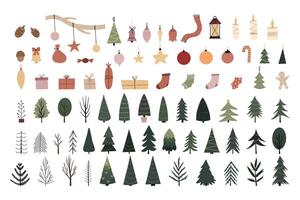 New Year set, with winter elements for design. Christmas tree, sock, toys, candle, scarf, gingerbread. For cards, banners, website, icons, fabrics vector