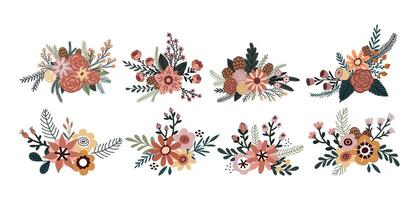 Floral collection with abstract leaves, flower bouquets, fir branches. Illustration with botanical elements in hand drawn style vector