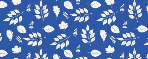 blue and white pattern with leaves on blue background vector