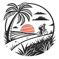 a man riding a bicycle on a road with palm trees in the background vector