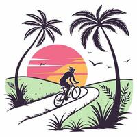 a man riding a bicycle on a road with palm trees vector