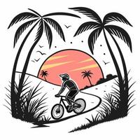 a man riding a bike on a beach with palm trees vector