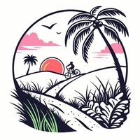 a man riding a bicycle on a path through a palm tree and a sunset vector