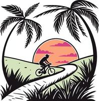 a man riding a bike on a path through palm trees at sunset vector