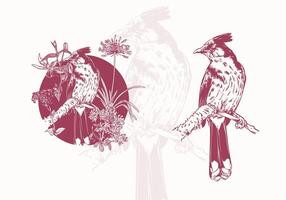 Two birds sitting on a branch with flowers vector