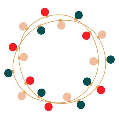 Christmas lights garland round tangled circle colored bulbs. Glowing Xmas festive string decoration with hanging retro lamps lightbulb for holiday cards, banners, posters, web. illustration